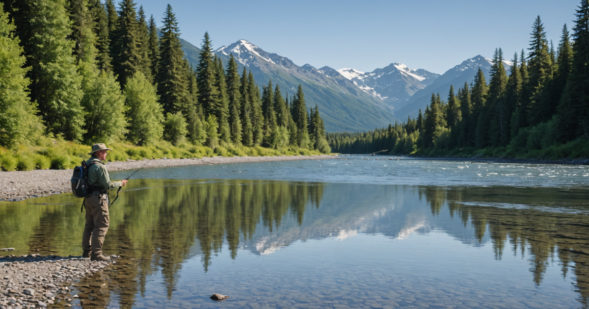 A scenic view of an angler fishing for trout in a clear Alaskan river