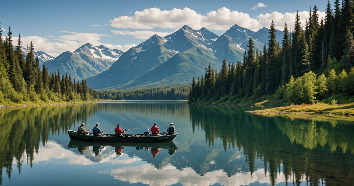 A group of anglers with their guide on a fishing boat in an Alaskan lake