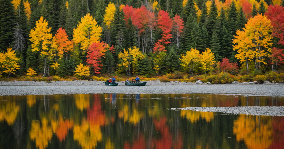 A vibrant Alaskan river with anglers fishing for trout amidst autumn foliage.