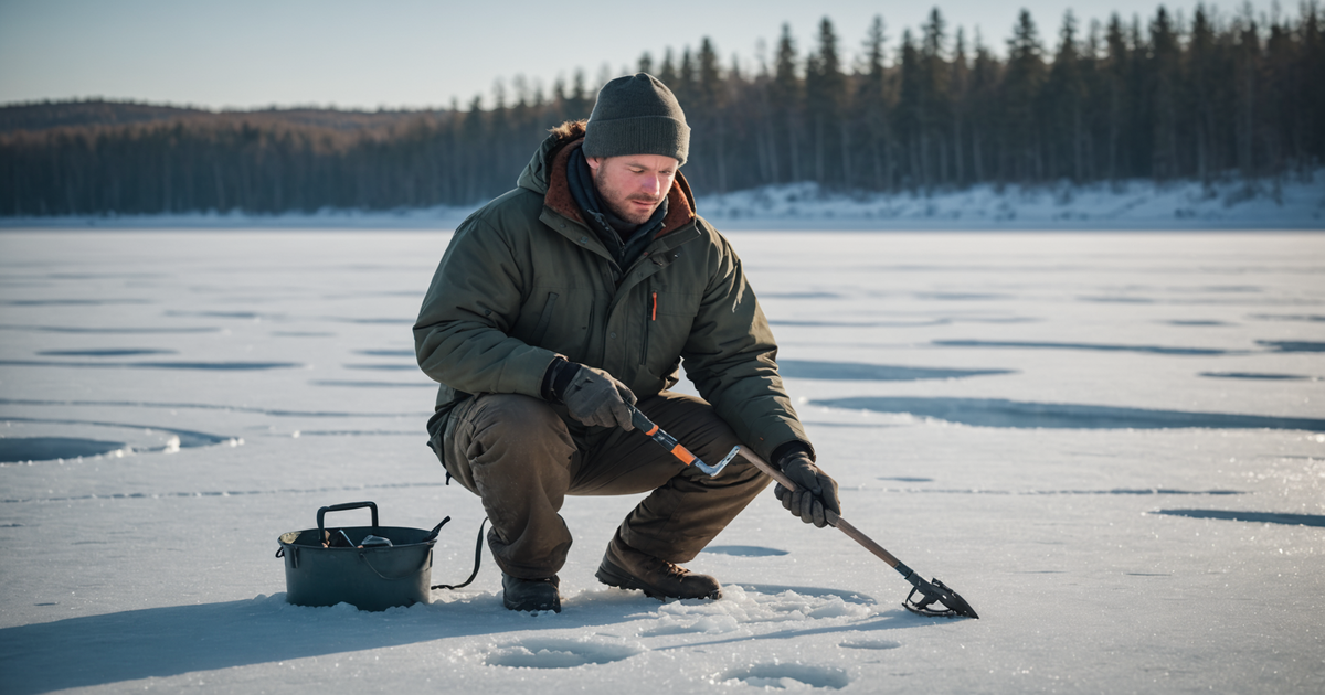 An angler drilling a hole in the ice with an auger