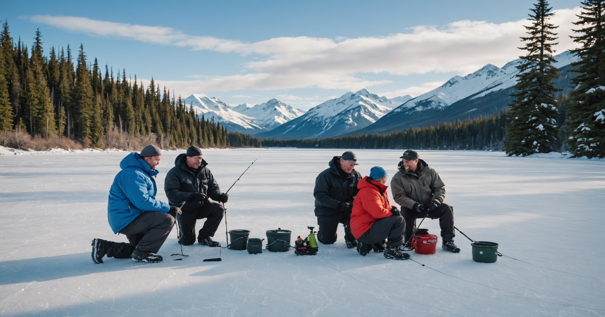 A group of anglers enjoying a guided ice fishing tour with a scenic Alaskan backdrop