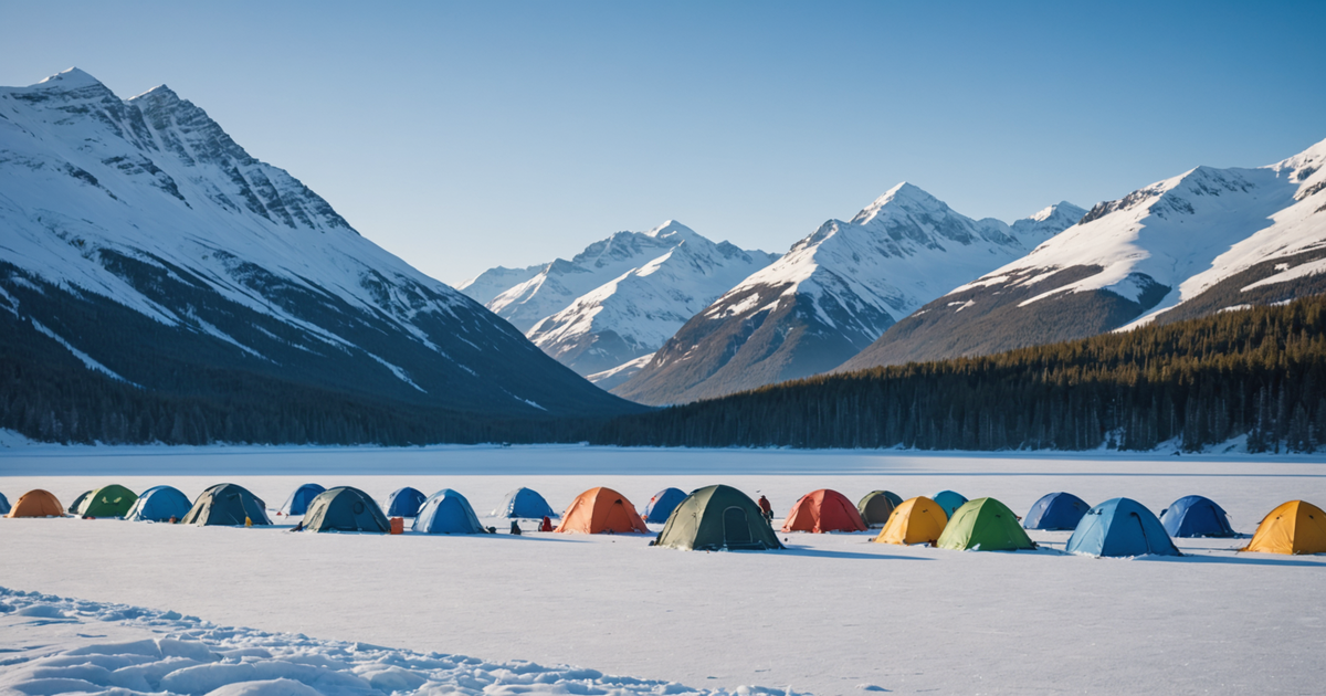 A majestic view of an Alaskan lake in winter, with ice fishing tents scattered across the ice.