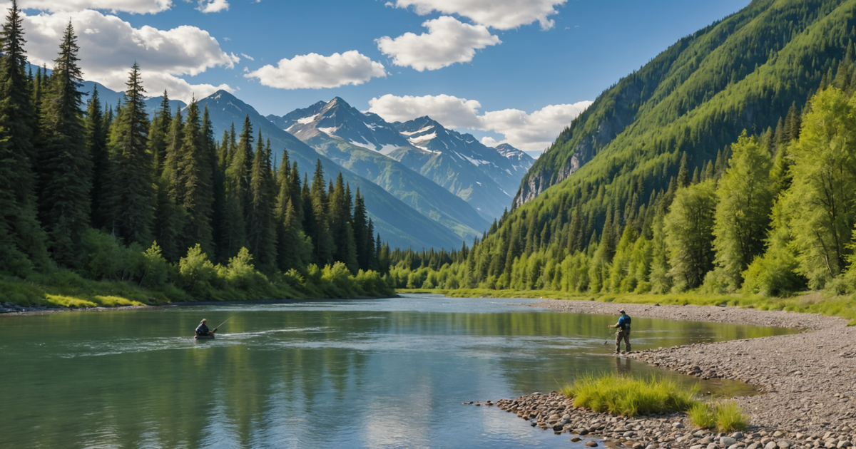 A serene Alaskan river with anglers casting their lines.