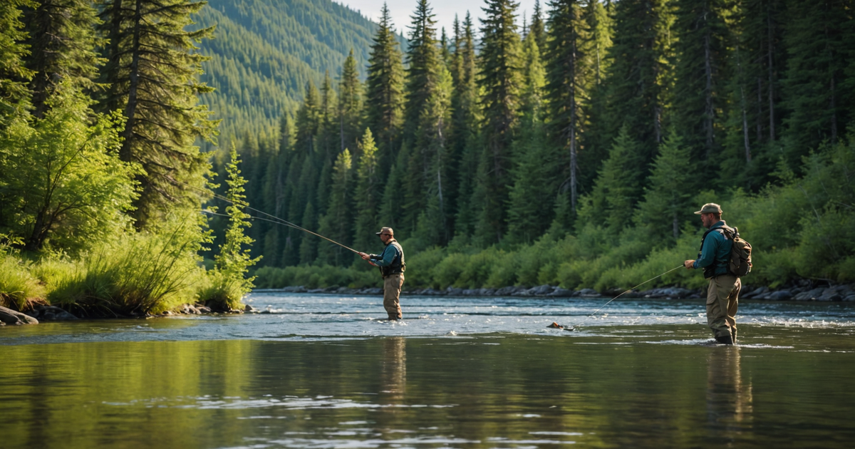 An angler practising fly fishing techniques on a river surrounded by lush Alaskan wilderness