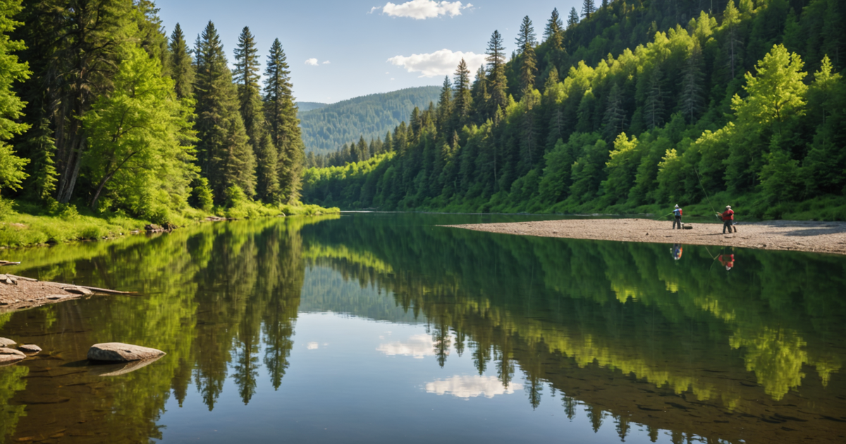 A serene view of Lake Creek with anglers casting lines.