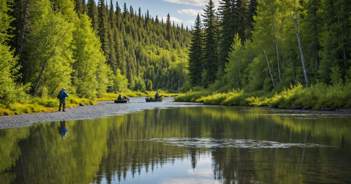 Anglers fishing at the Alagnak River with a backdrop of lush Alaskan wilderness.