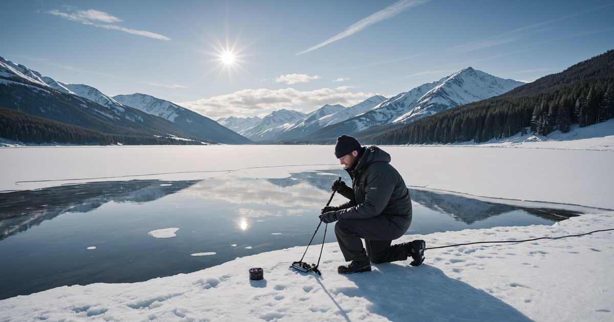 Angler checking ice thickness before fishing