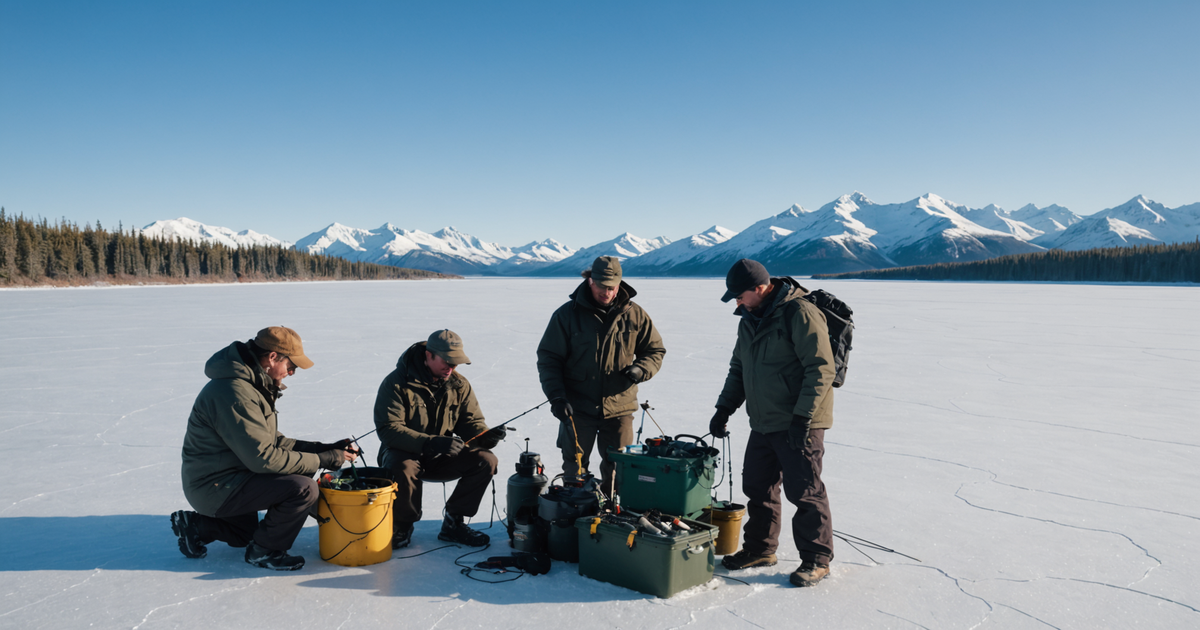 A group of anglers with a guide on a frozen Alaskan lake, preparing to fish.