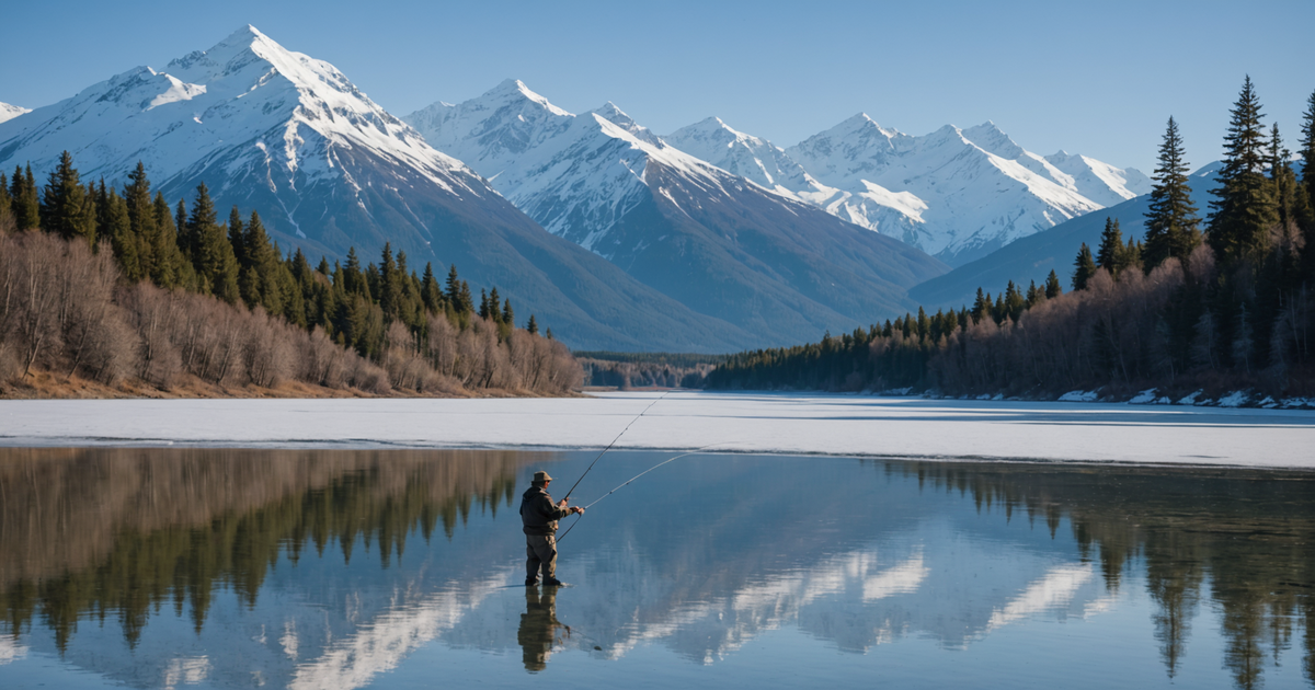 An angler casting a line on the Kenai River with a backdrop of mountains