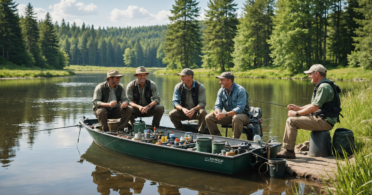 A group of anglers on a guided fishing trip with a variety of fishing gear