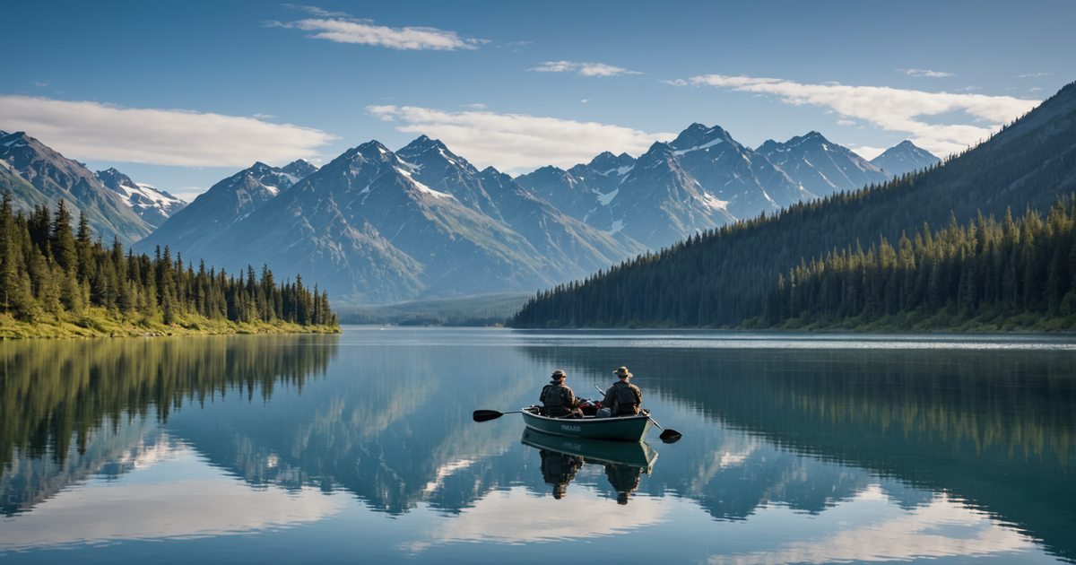 Anglers on a boat surrounded by Alaskan mountains, preparing their gear.