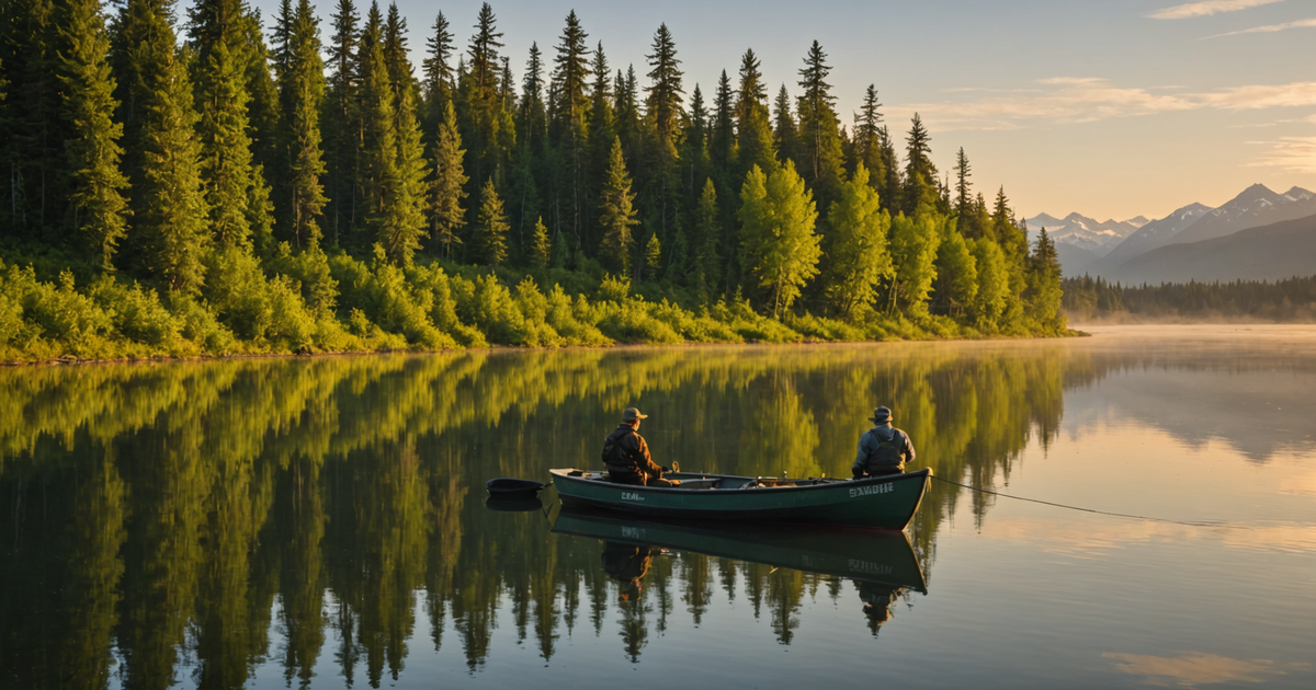 A stunning view of the Kenai River at sunrise, with anglers preparing their gear on a drift boat.