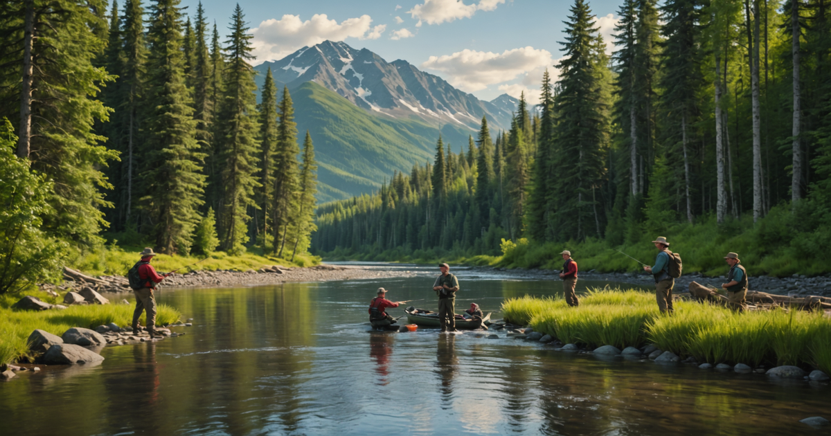 An Alaskan guide assisting a group of anglers on a river, surrounded by lush green forests.