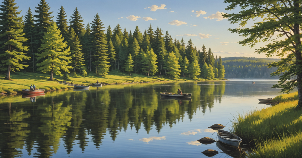 A scenic view of Salmon Trout Point's waterways with anglers fishing from small boats