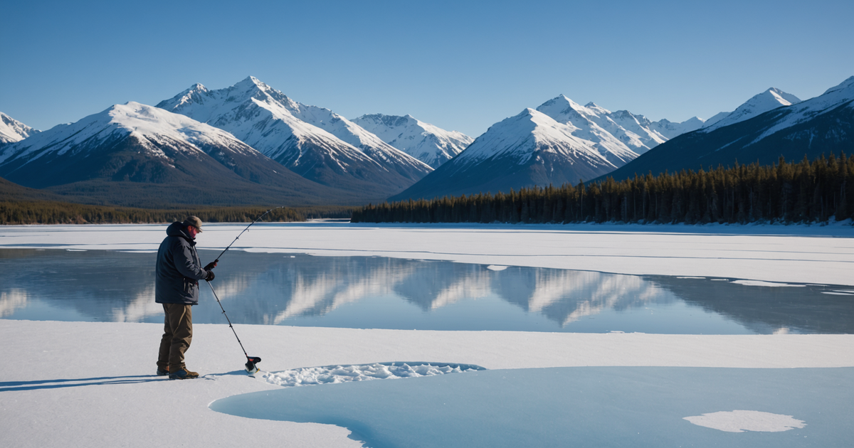 Angler drilling a hole in the ice with an auger in the Alaskan wilderness.