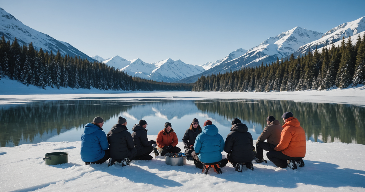 Group enjoying a guided ice fishing adventure on a frozen Alaskan lake, surrounded by stunning snow-covered landscapes.