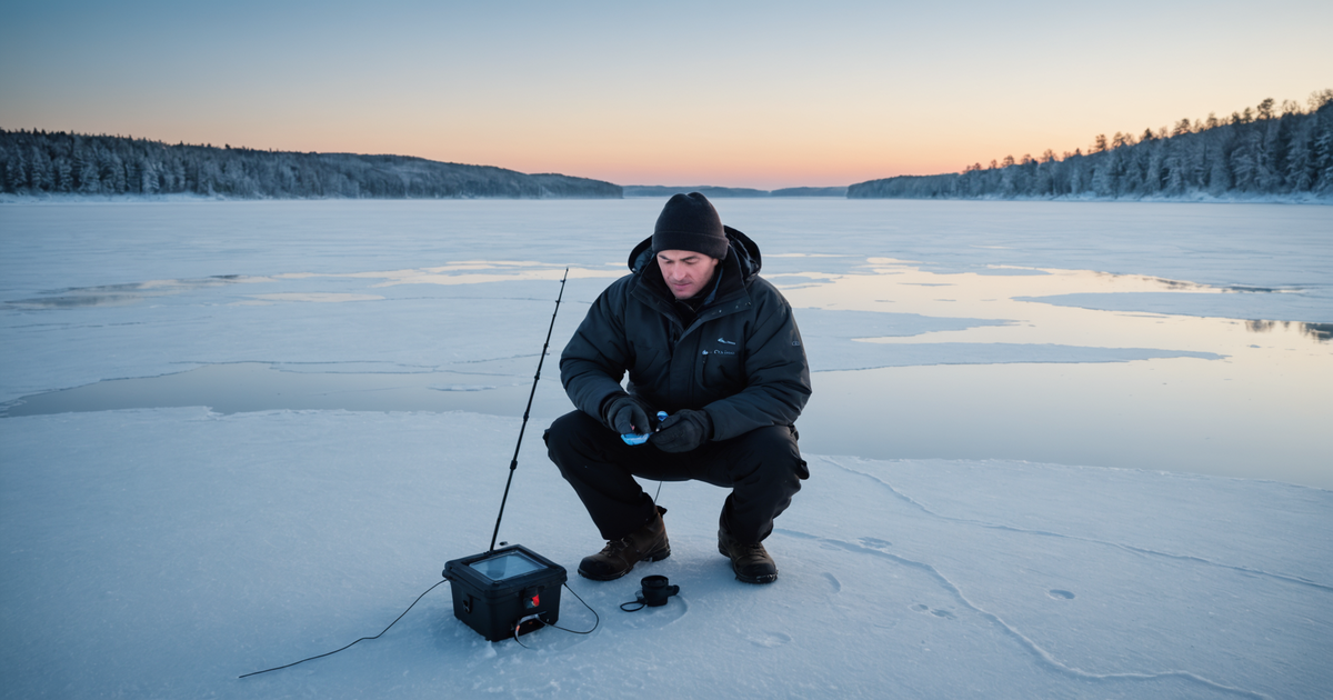 An angler using a fish finder on a frozen lake