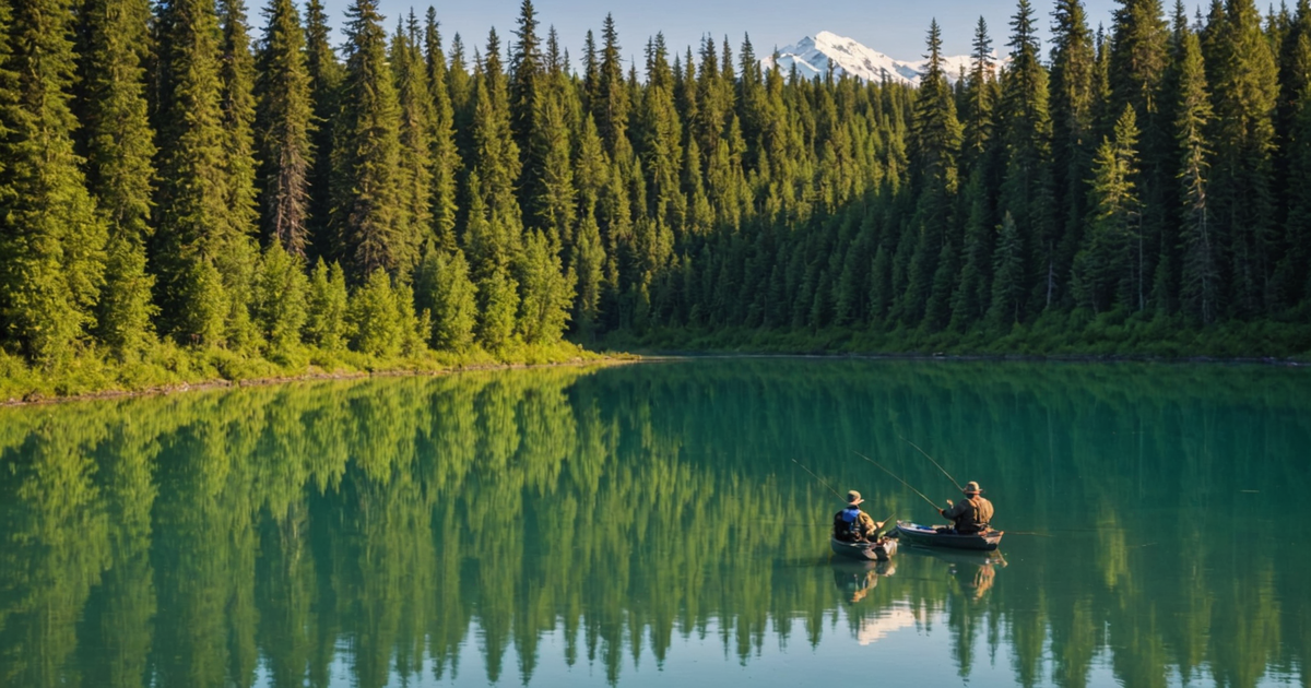 A picturesque view of the Kenai River with anglers fishing