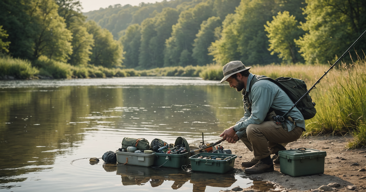 An angler preparing fishing gear on the riverbank