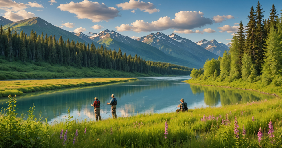 A scenic view of the Kenai River with anglers fishing from the bank
