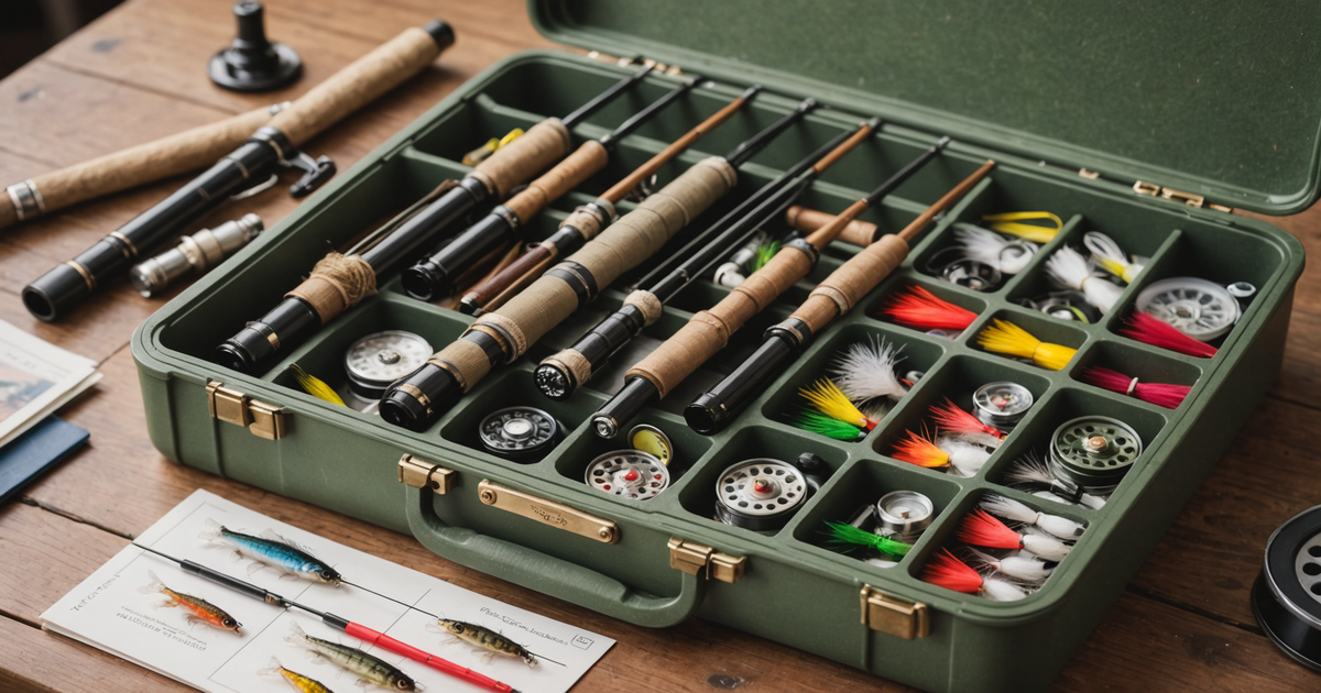 A close-up of a fly fishing rod and tackle box