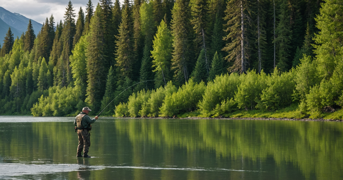 A picturesque view of an angler reeling in a Chinook king salmon on the Kenai River, surrounded by Alaskan wilderness.