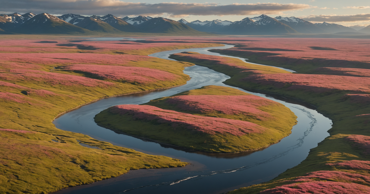 A breathtaking view of the Alaskan tundra with a river teeming with pink salmon.