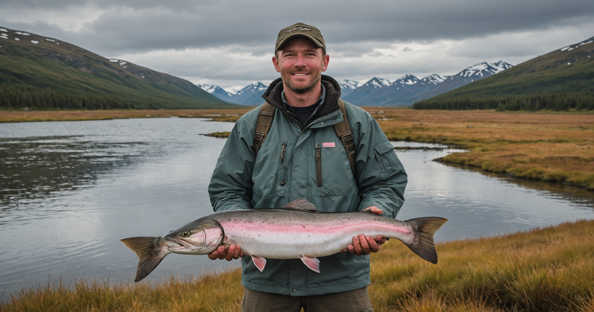 An angler triumphantly holding a pink salmon against the backdrop of the Alaskan tundra.