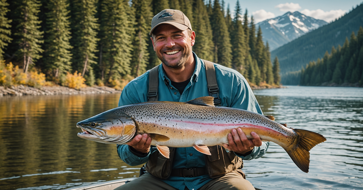 A massive Chinook salmon on display with an angler