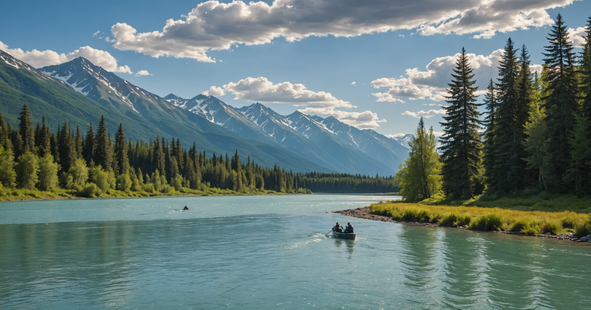Scenic view of the Kenai River with anglers fishing