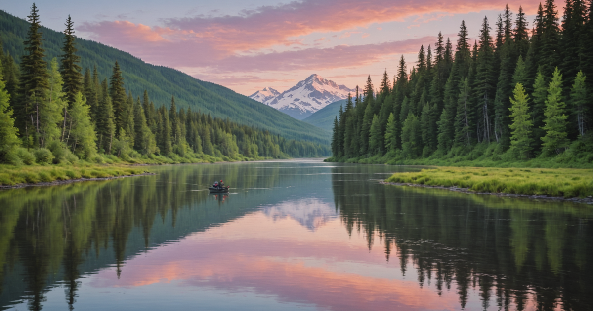A serene Alaskan river at dawn, with an angler casting a line.