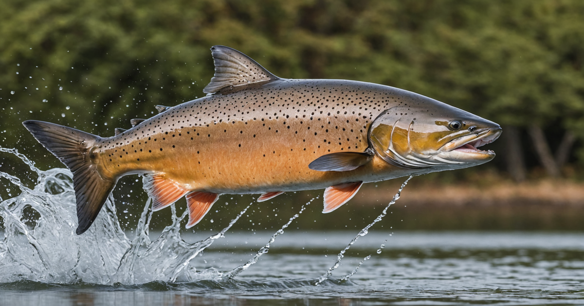 A majestic Chinook salmon leaping out of the water, showcasing its size and power.
