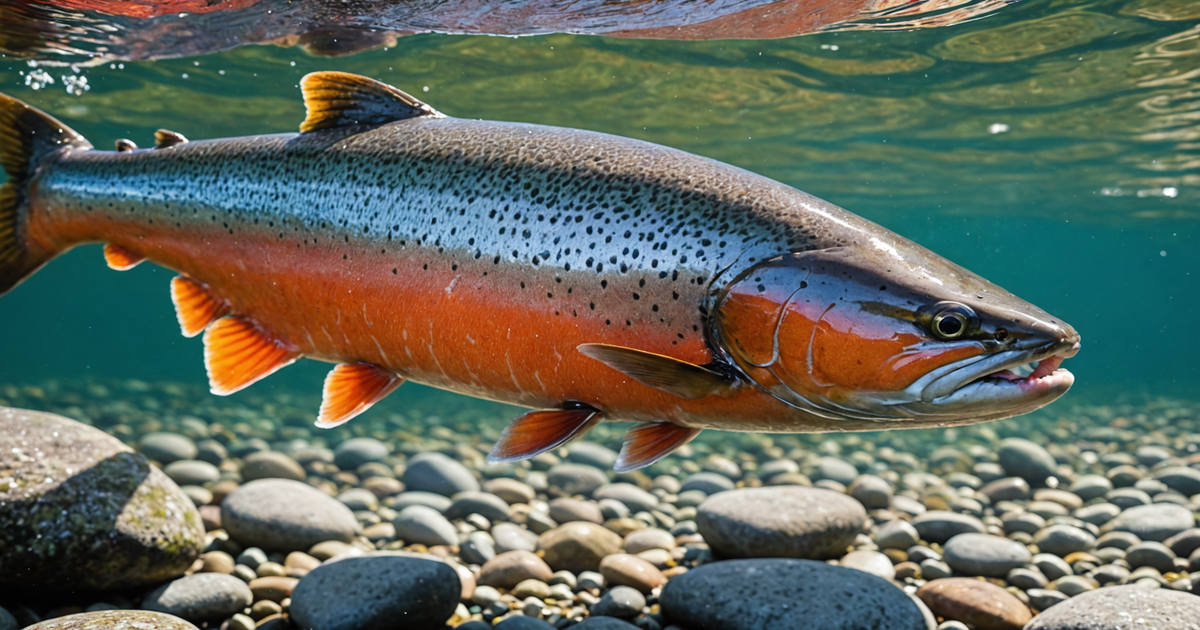 A close-up of a salmon being released back into the Kenai River, highlighting catch and release practices.
