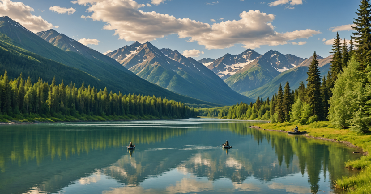 Anglers on the Kenai River with a backdrop of lush forests and mountains