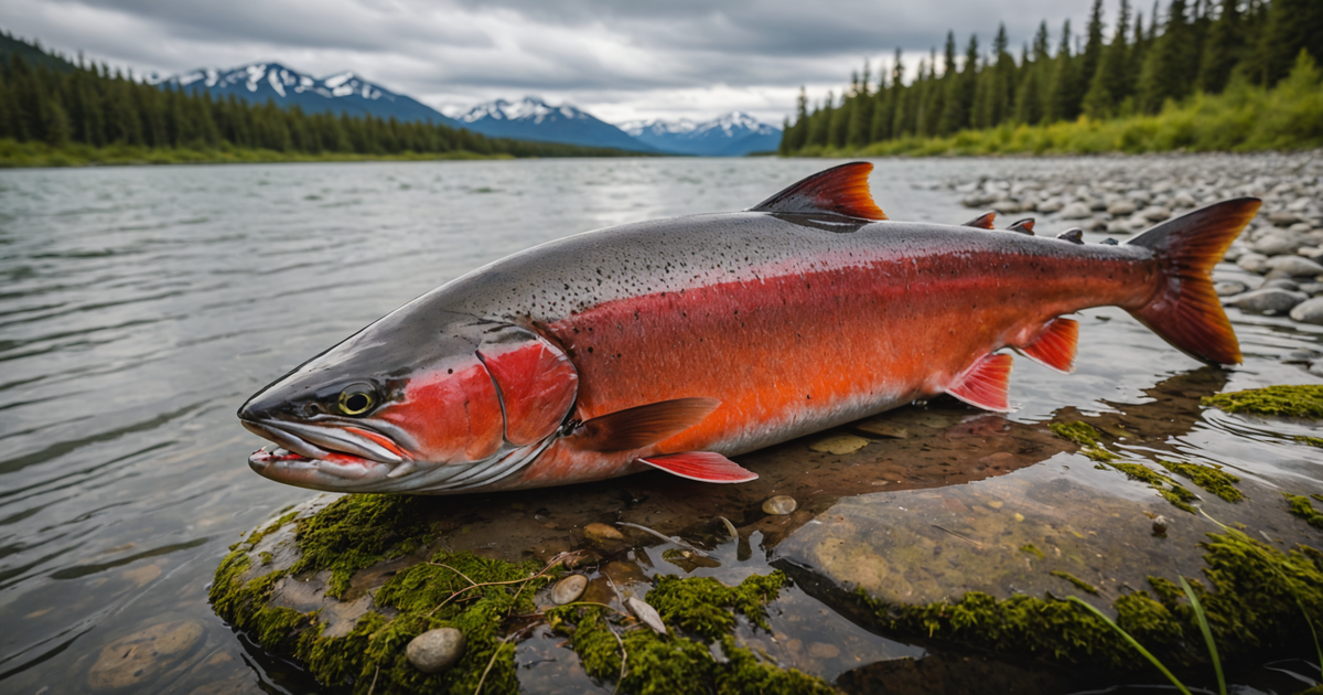 Close-up of a freshly caught sockeye salmon on the Kenai River bank