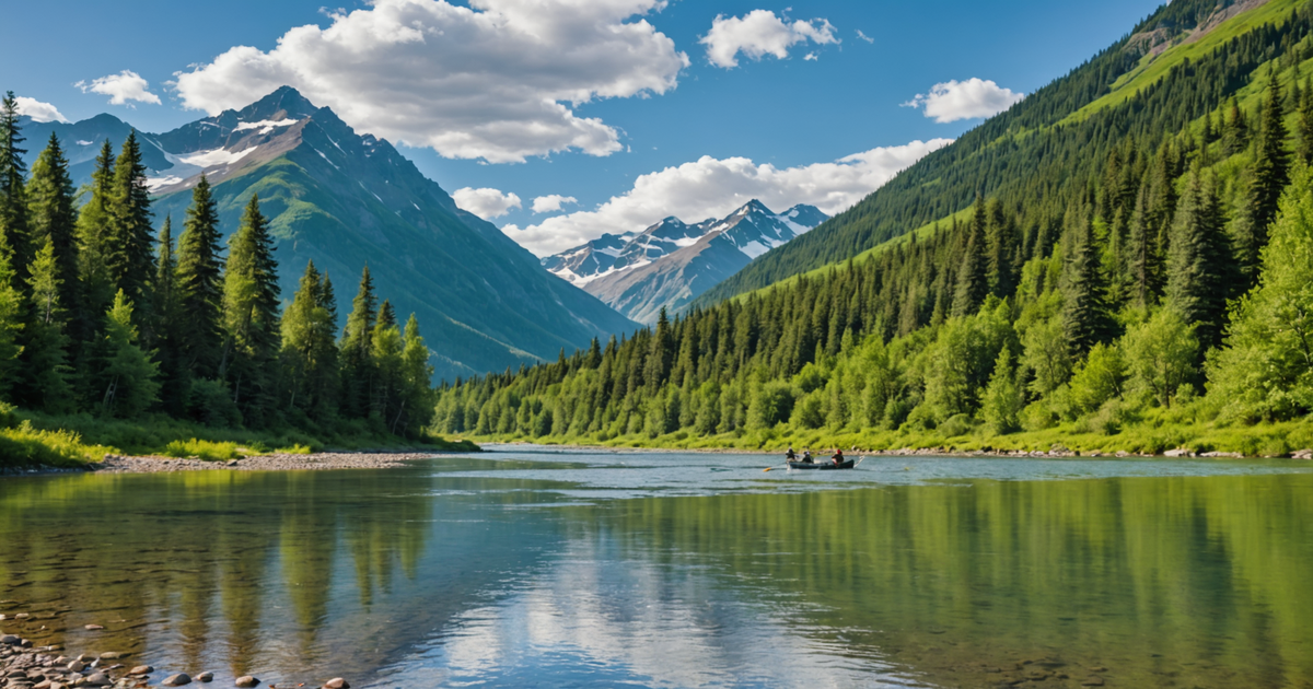 A scenic view of Alaskan rivers with anglers fishing for salmon.