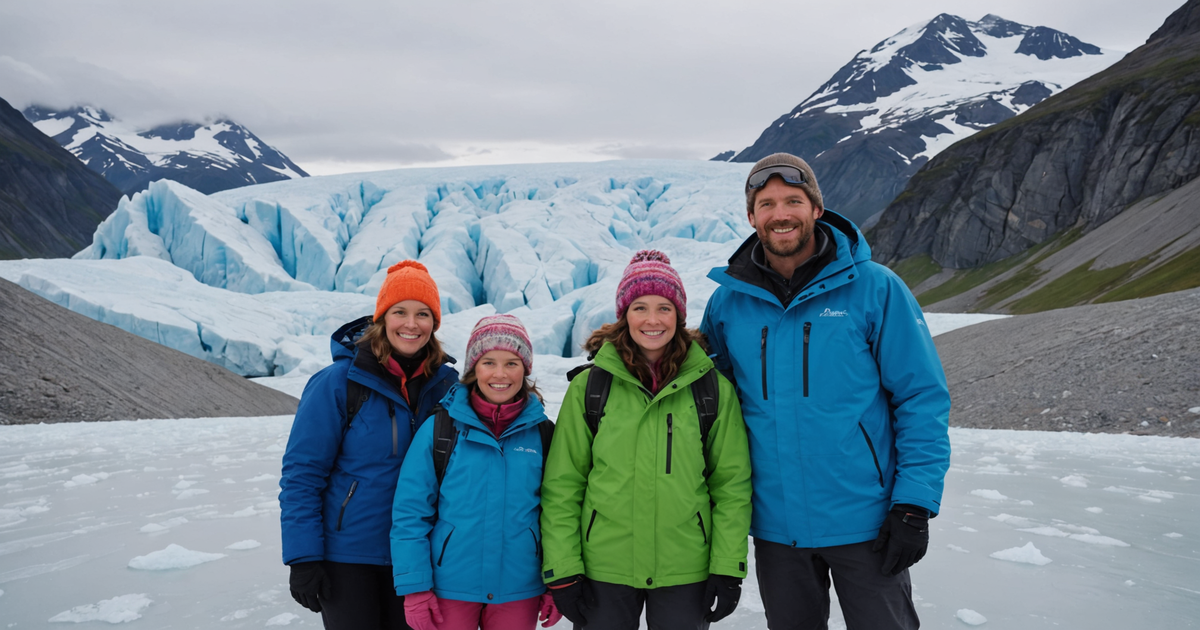 A family enjoying a glacier tour in Alaska, surrounded by stunning ice formations.