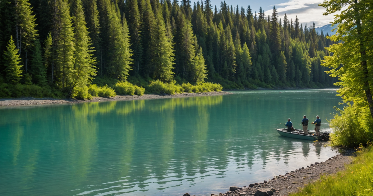 A scenic view of Kenai River with anglers fishing for coho silver salmon