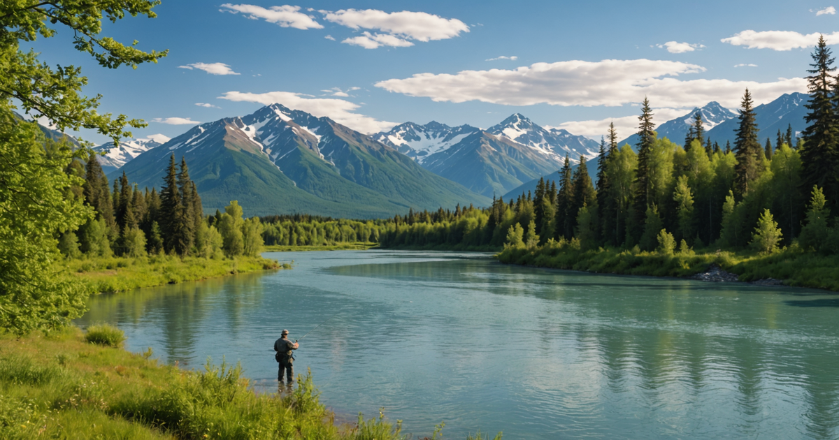 Scenic view of the Kenai River with anglers fishing from the bank