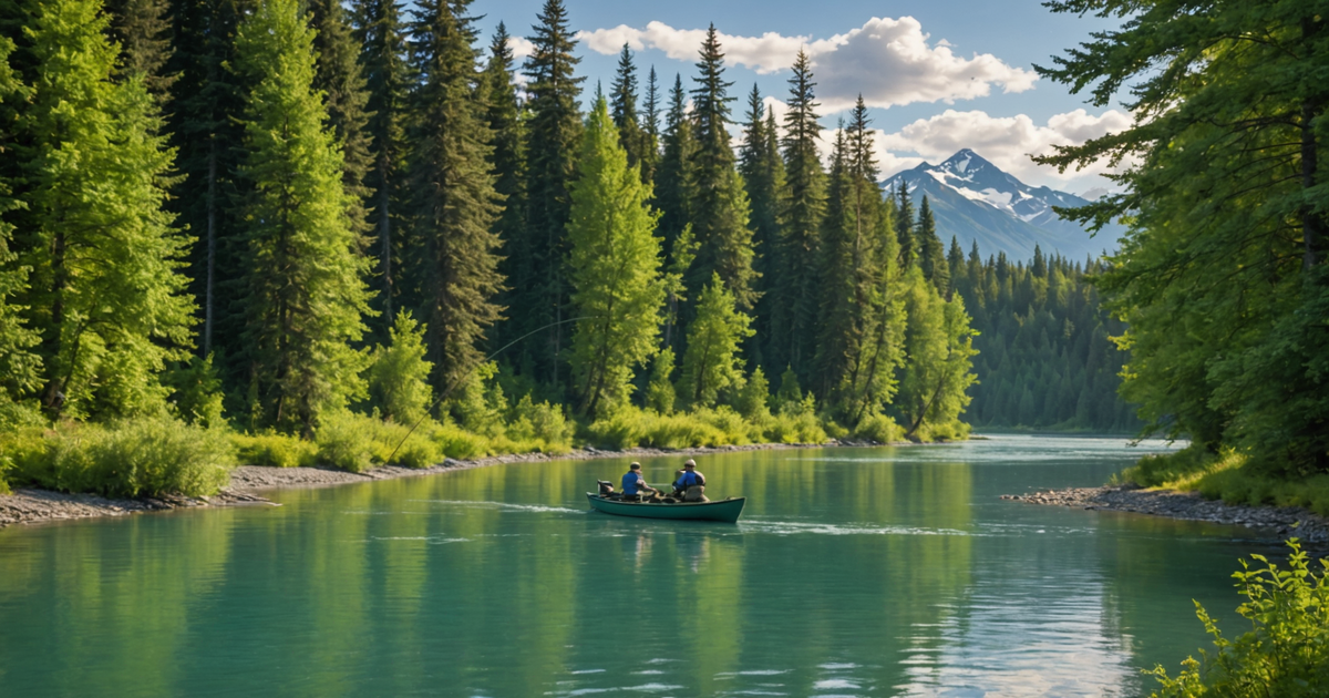 A guided fishing tour on the Kenai River with anglers casting their lines into the water, surrounded by lush greenery.