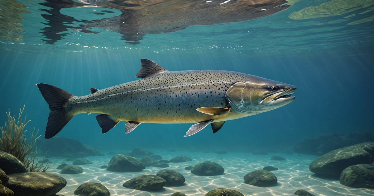 An illustration of a Chinook salmon with size comparison to a human silhouette