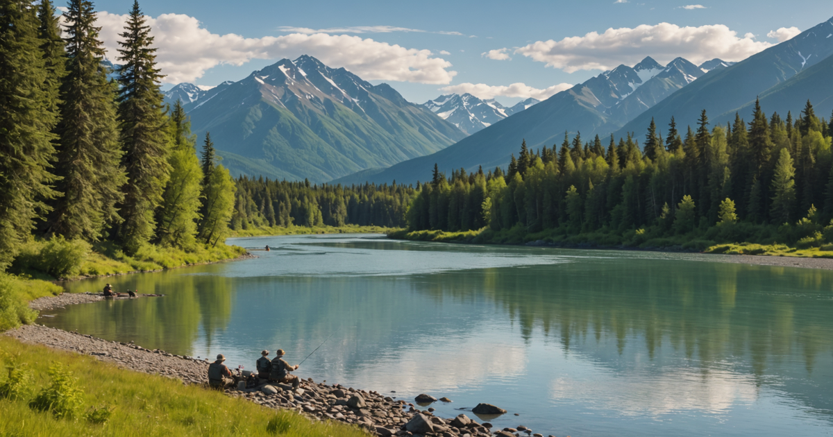 A scenic view of the Kenai River with anglers fishing