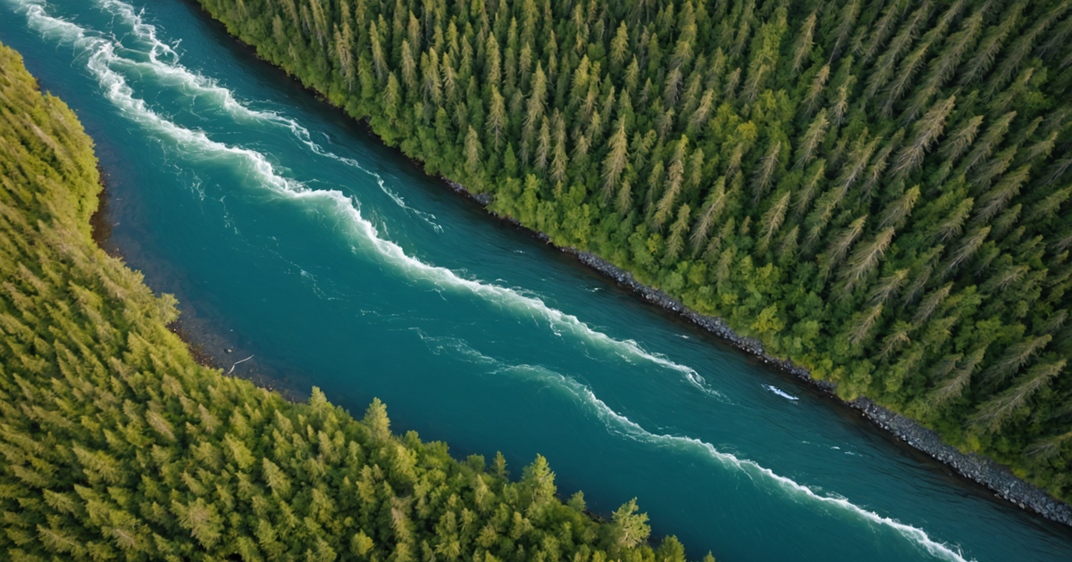 Aerial view of salmon swimming upstream in Alaska