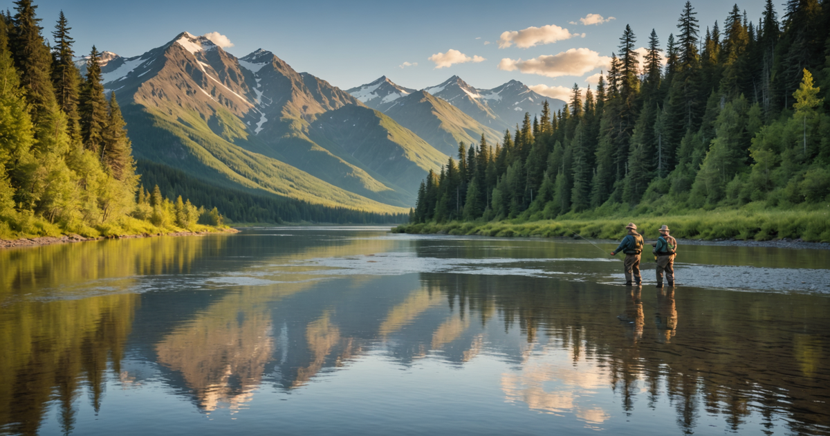 Anglers fishing for salmon in a scenic Alaskan river