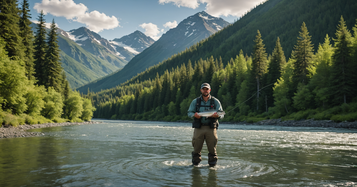 An angler holding a Chinook salmon in an Alaskan river