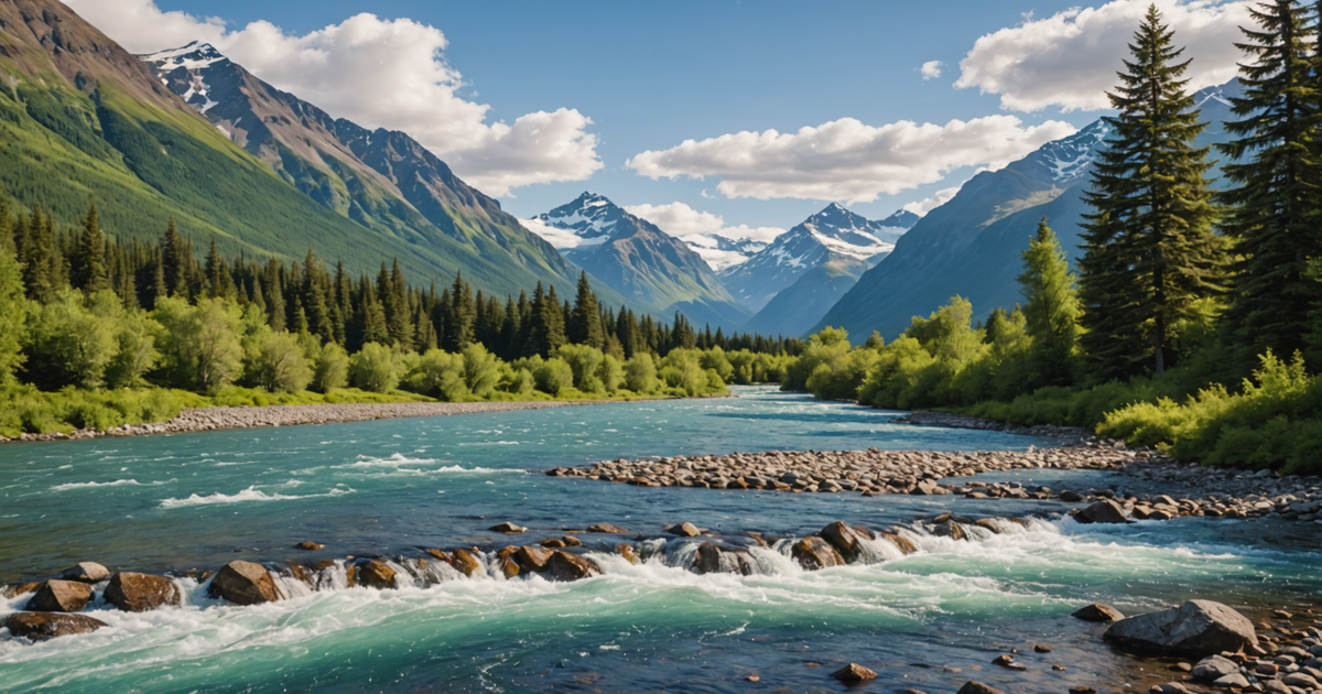 A picturesque view of an Alaskan river with salmon jumping