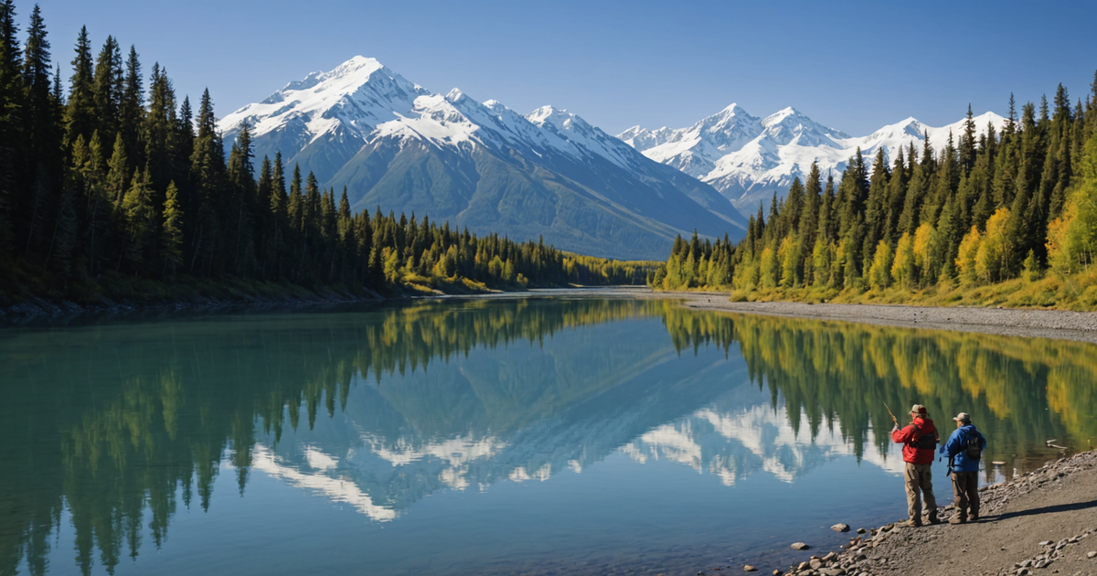 Anglers fishing on the Kenai River with mountains in the background