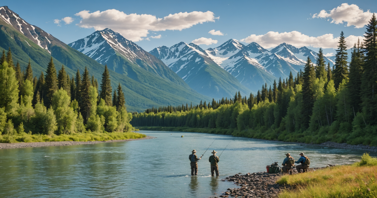Image of anglers fishing along the Kenai River with the scenic backdrop