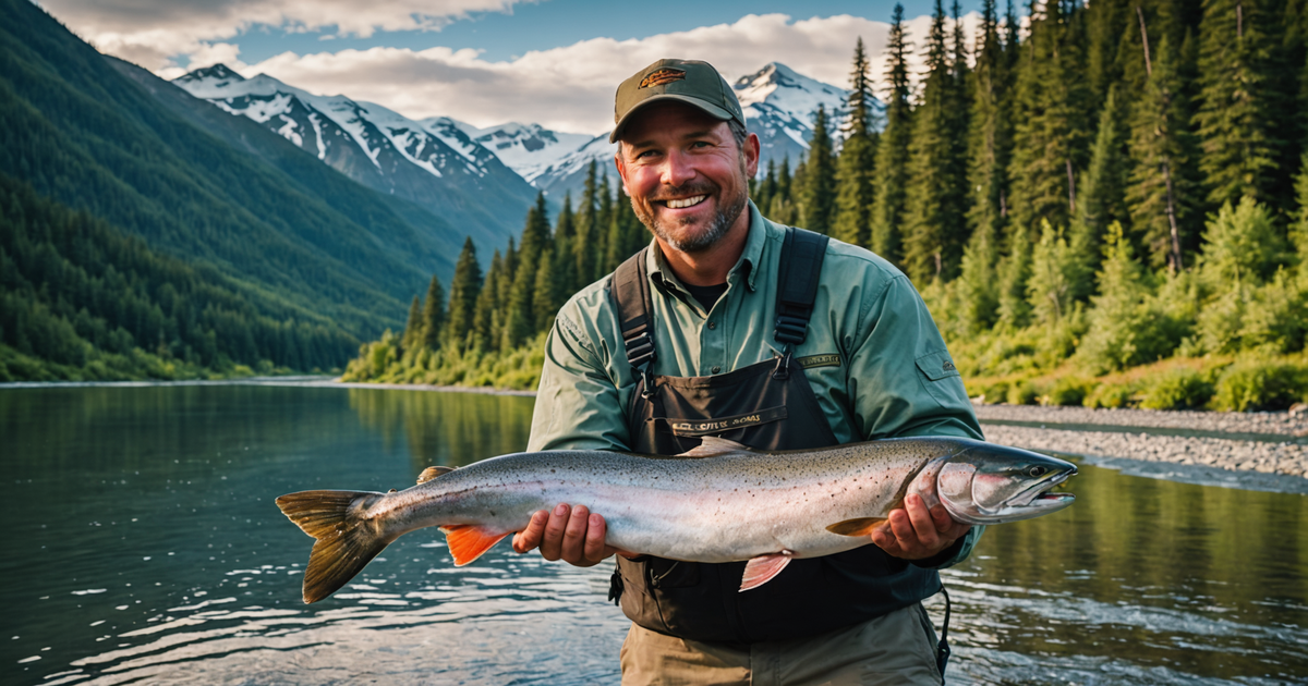 An angler proudly displaying a king salmon catch in an Alaskan river