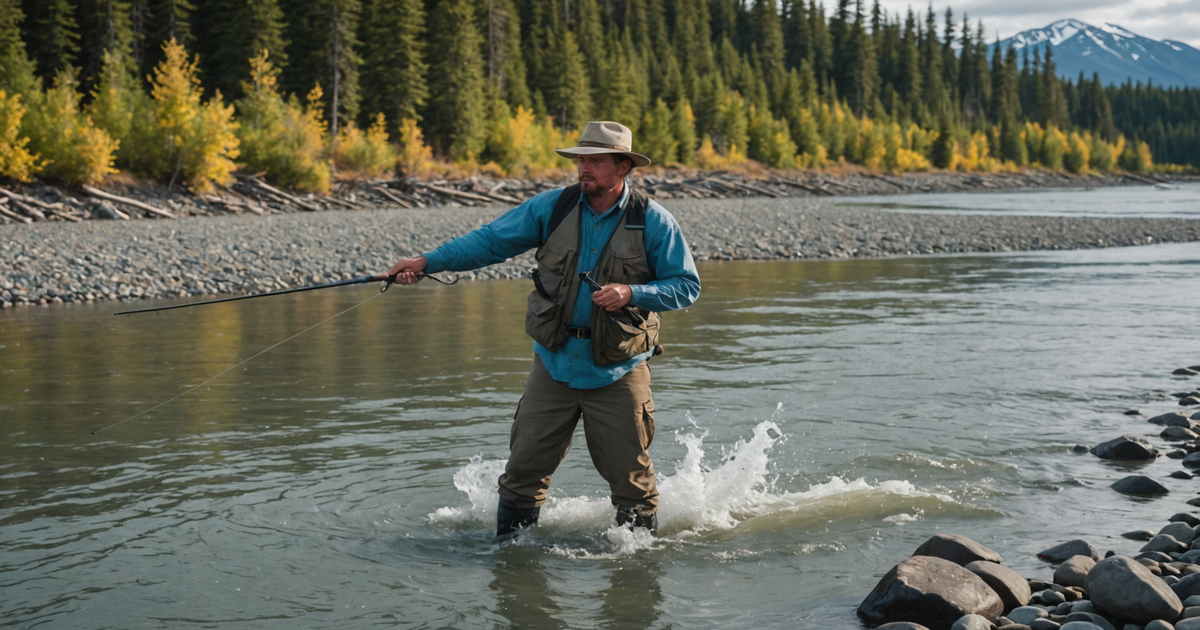 An angler battling a king salmon on the Kenai River, showcasing the size and power of these fish.